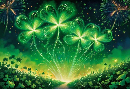 A nighttime sky filled with fireworks bursting into shapes of shimmering green pixies and shamrocks,  magical dust trails, vibrant colors, festive atmosphere, stars twinkling in the background