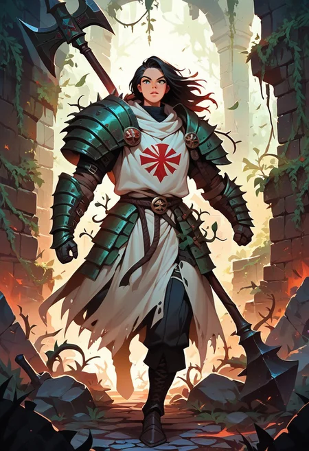 score_9, score_8_up, score_7_up, score_6_up, 
full plate armour,
darkness, stone wall and archway, vines on the wall, dark, full armor, full body, gauntlet, warhammer, hammer, 
1girl, solo, long black hair, 
running, dashing