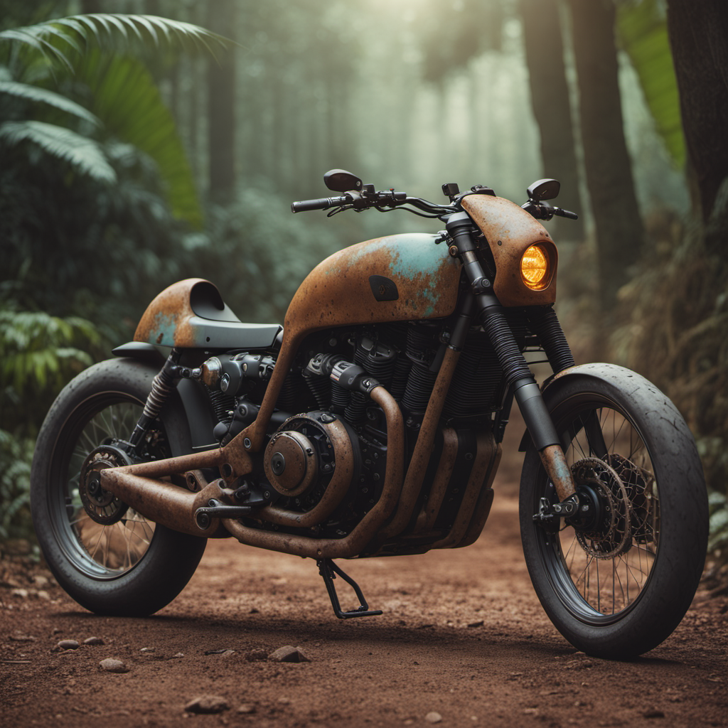 cinematic photo bike, concept futuristic design , old, rusty metal, stains, grit, colorful paintwork,  <lora:BikeMaker-SDXL:1.3>,  dusty weary rubber tires,side view, jungle rocky road  <lora:Grit-SDXL:1> . 35mm photograph, film, bokeh, professional, 4k, highly detailed