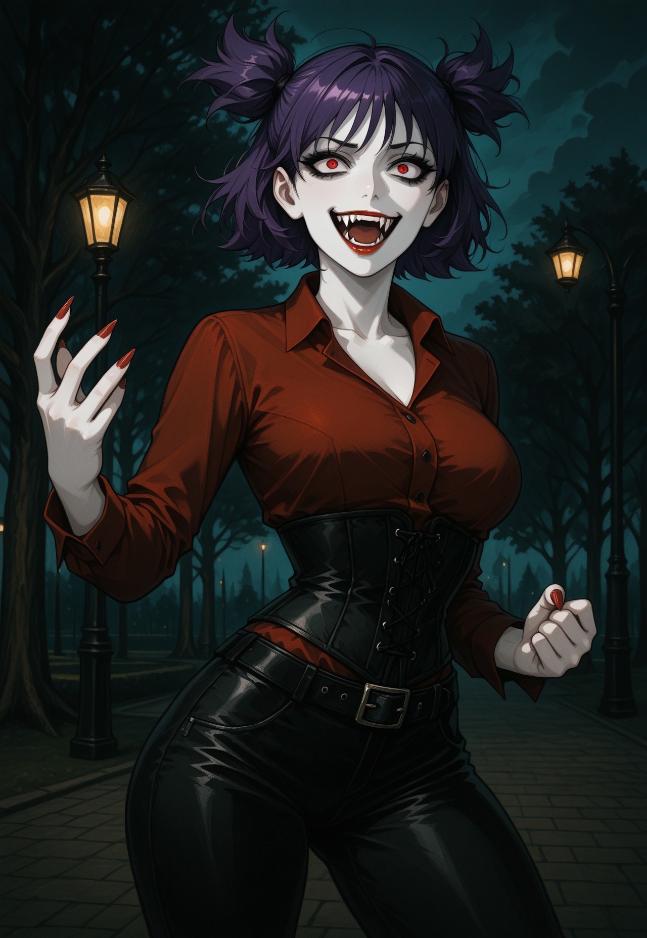 masterpiece, best quality, traditional media, heavy film grain, paper texture, DFGPT, gothic, 1girl, solo, lena, mature female, vampire, pale skin, purple hair, messy hair, short hair, short twintails, two side up, bangs, black eyeshadow, red eyes, crazy eyes, red lips, fangs, red nails, long nails, medium breasts, narrow waist, black leather pants, belt, black corset, red collared shirt, open collar, collarbone, power pose, fighting stance, dominant woman, laugh, outdoors, park, lamppost, tree, cloudy sky, dramatic lighting, dim lighting, sharp shading, intricate details, uncensored.