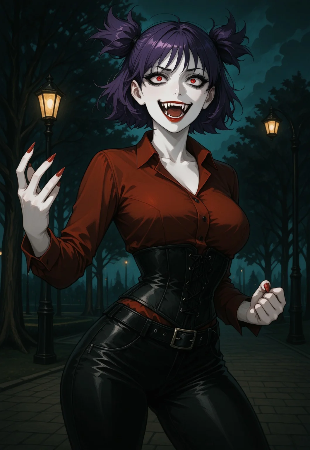 masterpiece, best quality, traditional media, heavy film grain, paper texture, DFGPT, gothic, 1girl, solo, lena, mature female, vampire, pale skin, purple hair, messy hair, short hair, short twintails, two side up, bangs, black eyeshadow, red eyes, crazy eyes, red lips, fangs, red nails, long nails, medium breasts, narrow waist, black leather pants, belt, black corset, red collared shirt, open collar, collarbone, power pose, fighting stance, dominant woman, laugh, outdoors, park, lamppost, tree, cloudy sky, dramatic lighting, dim lighting, sharp shading, intricate details, uncensored.