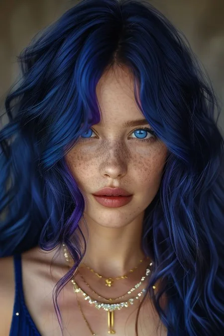 1girl,solo,bellissima, long hair,looking at viewer,blue eyes,jewelry,blue hair,purple hair,parted lips,teeth,necklace,lips,wavy hair,portrait,freckles,realistic