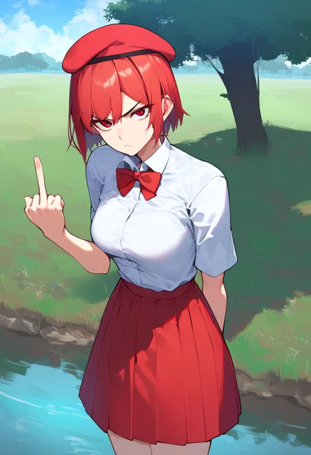 score_9, score_8_up, source_anime,
1girl, solo,
short hair, red hair, red eyes, medium breasts, white shirt, collared shirt, bowtie, angry, middle finger, beret, arm behind back, miniskirt, red skirt,
field, tree, river, looking at viewer,