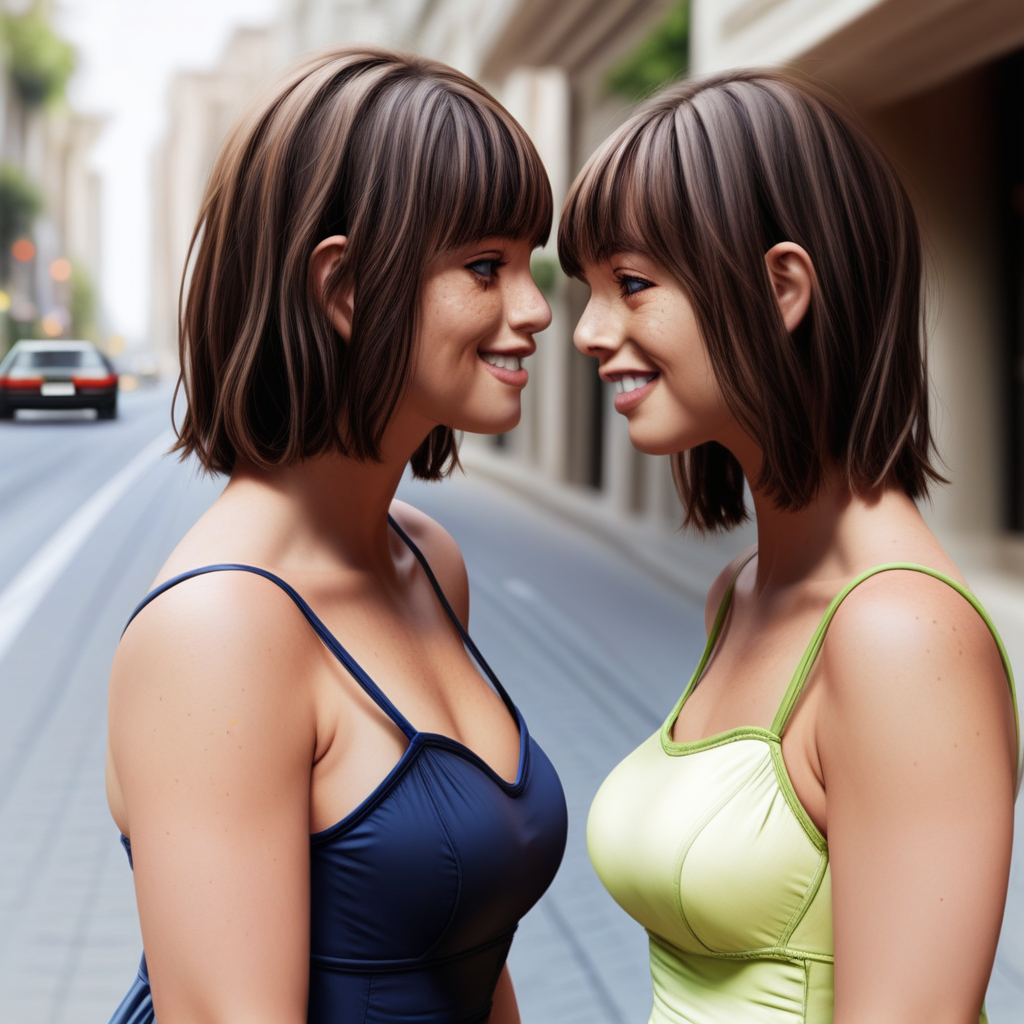 underwear, profile, depth of field, medium breasts, freckles, 1girl, bra, car, street, indoors, swimsuit, motor vehicle, dress, bangs, lips, grin, camisole, outdoors, collarbone