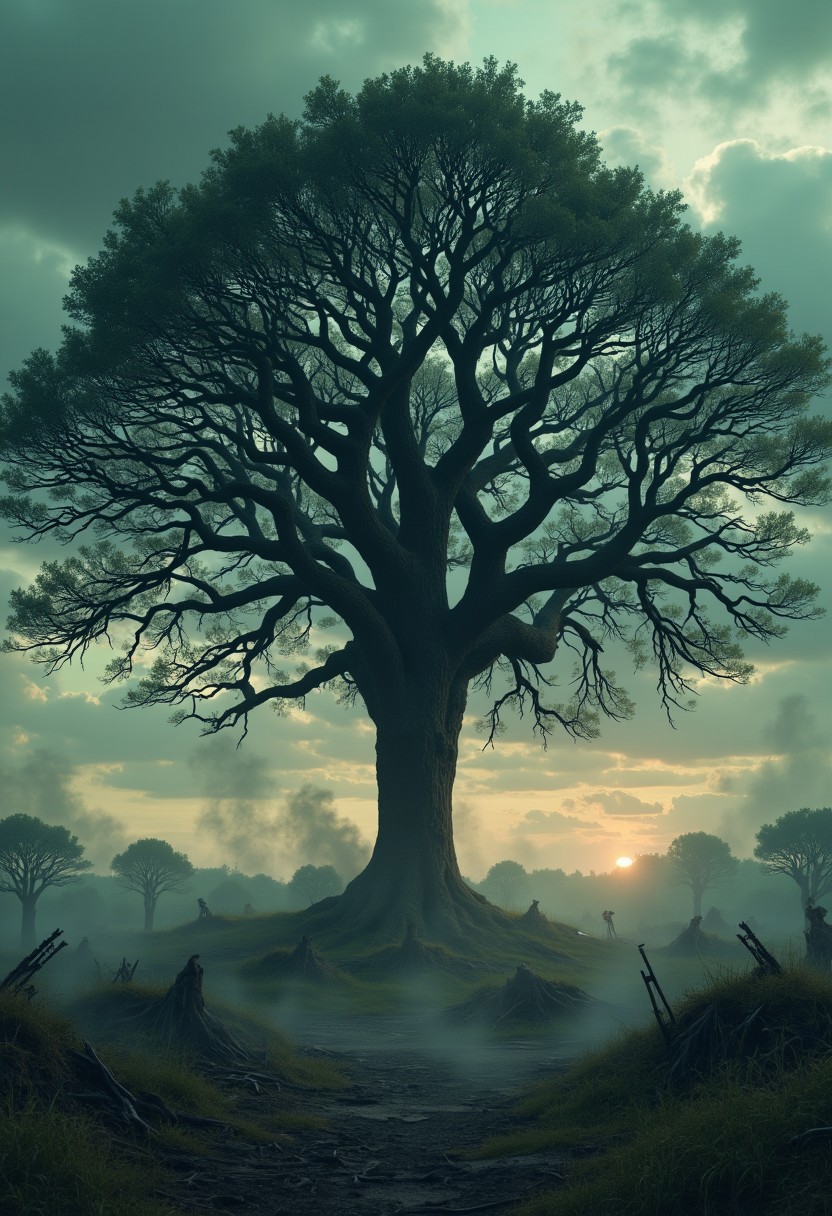 ethdysty. A giant old oak tree amidst an atmospheric war zone.