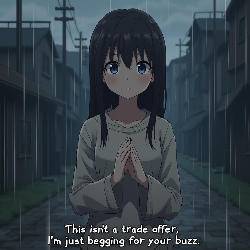 A girl from an anime looks really sad, raining,poverty,begging, looking at viewer,dirty,holding her hands together in front of her upper body. There's a caption underneath that says, "This isn't a trade offer; I'm just begging for your buzz."