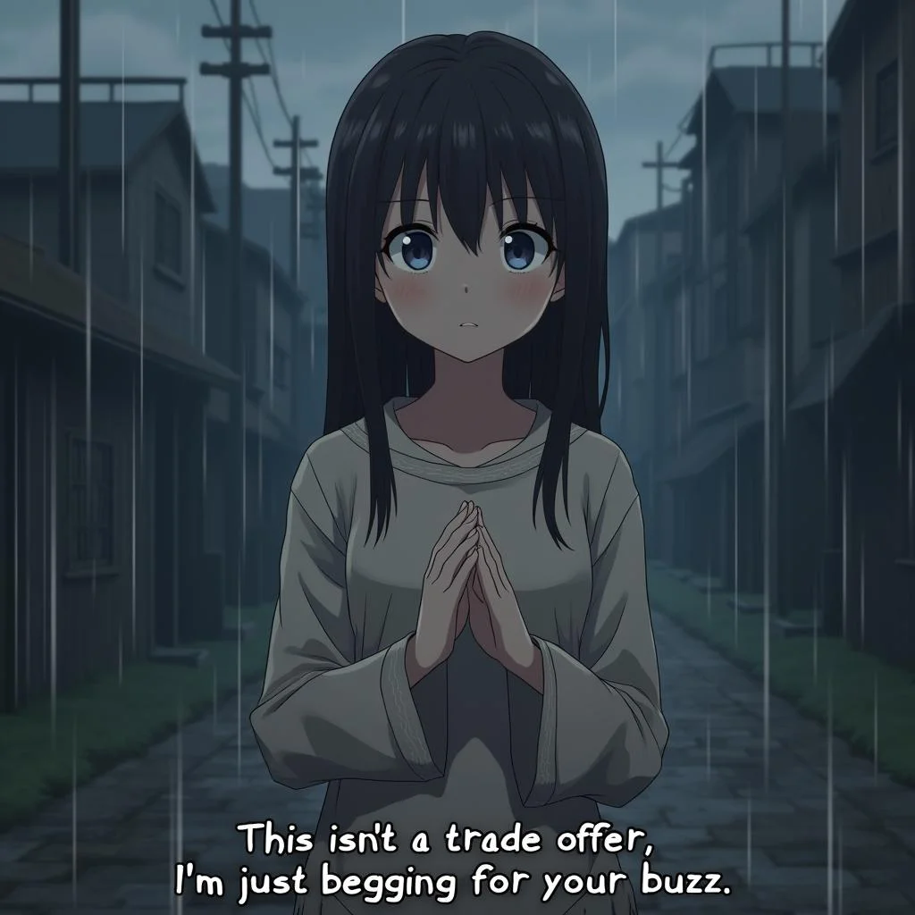 A girl from an anime looks really sad, raining,poverty,begging, looking at viewer,dirty,holding her hands together in front of her upper body. There's a caption underneath that says, "This isn't a trade offer; I'm just begging for your buzz."