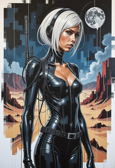 nvinkpunk, ckbwaw, a digital artwork in the style of ckbwaw, photorealistic image, Rendered in a dynamic mixed-media fusion of ink sketching and fluid watercolor splashes, this digital artwork portrays a young Asian sci-fi woman in a skin-tight plugsuit, communicator, straight-cut platinum bob, sidelocks, dark eyeshadow, sultry, standing on a dusty planet at night, silhouetted, chiascuro, stars and nebula, outdoors