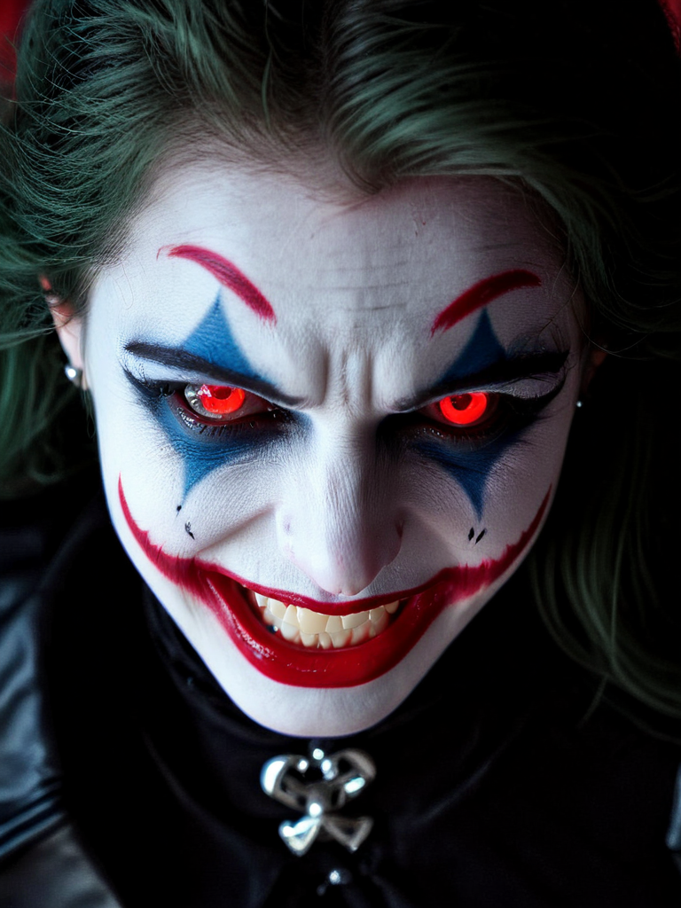 <lora:Dead_Beauty:1> Dbeauty, young woman face, glowing red eyes, heavy dark makeup, smile, joker smile, joker face, beautiful, totaly mad, wicked smile, beautiful skin,