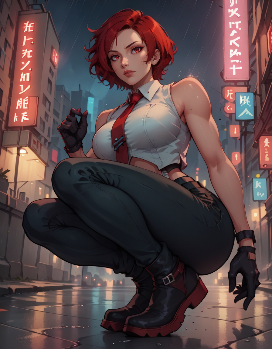 score_9, score_8_up, score_7_up,score_6_up, score_5_up, score_4_up ,1girl, solo,
large breasts,  
vanessadg,
short hair, red hair, red eyes, 
white shirt, gloves, necktie, sleeveless, pants, cropped shirt, 
city, night, rain, neon lights, lips,
from below,
squatting, ankle boots, 
 <lora:Vanessa KOF DG PonyXL v01-000003:1>
