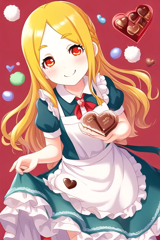 Mochizuki Hijiri, 1girl, apron, blonde hair, blue dress, blush, brooch, candy, chocolate, chocolate heart, dot nose, dress, food, frilled apron, frilled dress, frills, heart, jewelry, long hair, looking at viewer, mouth hold, puffy short sleeves, puffy sleeves, red background, red eyes, scrunchie, short sleeves, smile, solo, white apron
<lora:deresute-v1.2:1>
