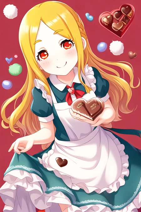 Mochizuki Hijiri, 1girl, apron, blonde hair, blue dress, blush, brooch, candy, chocolate, chocolate heart, dot nose, dress, food, frilled apron, frilled dress, frills, heart, jewelry, long hair, looking at viewer, mouth hold, puffy short sleeves, puffy sleeves, red background, red eyes, scrunchie, short sleeves, smile, solo, white apron
<lora:deresute-v1.2:1>