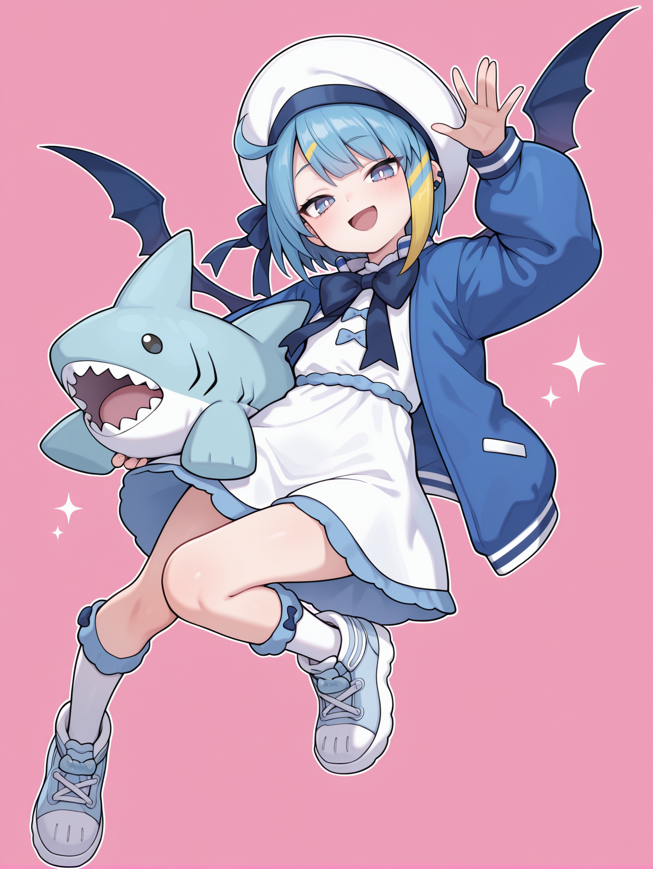 lil la, 1girl, stuffed shark toy, blue demon wings, blue sneakers, open mouth, object hug, solo, white sleeveless dress, white sailor hat, smile, full body, looking at viewer, blue ribbon, blue jacket, hand up, white socks,
masterpiece,best quality,amazing quality,very aesthetic,absurdres,newest,<lora:Evil Twin Ki-sikil alt illusXL v1:0.75>,