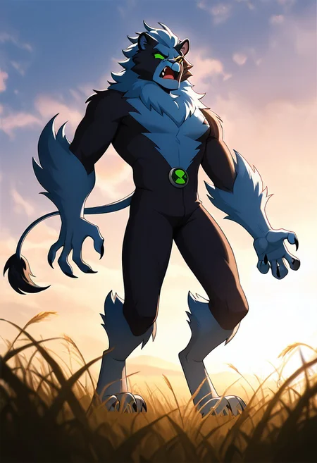 masterpiece, best quality, amazing quality, very aesthetic, absurdres, newest,, detailed background, 
fastrack, solo, blue skin, green eyes,  claws, green badge, fang,, feline tail,  wide jaw, masculine, blue chest, digitigrade legs,
neck fluff, lion mane, black fur, angry, in savannah, ears, open mouth, big arms, roar, from below,