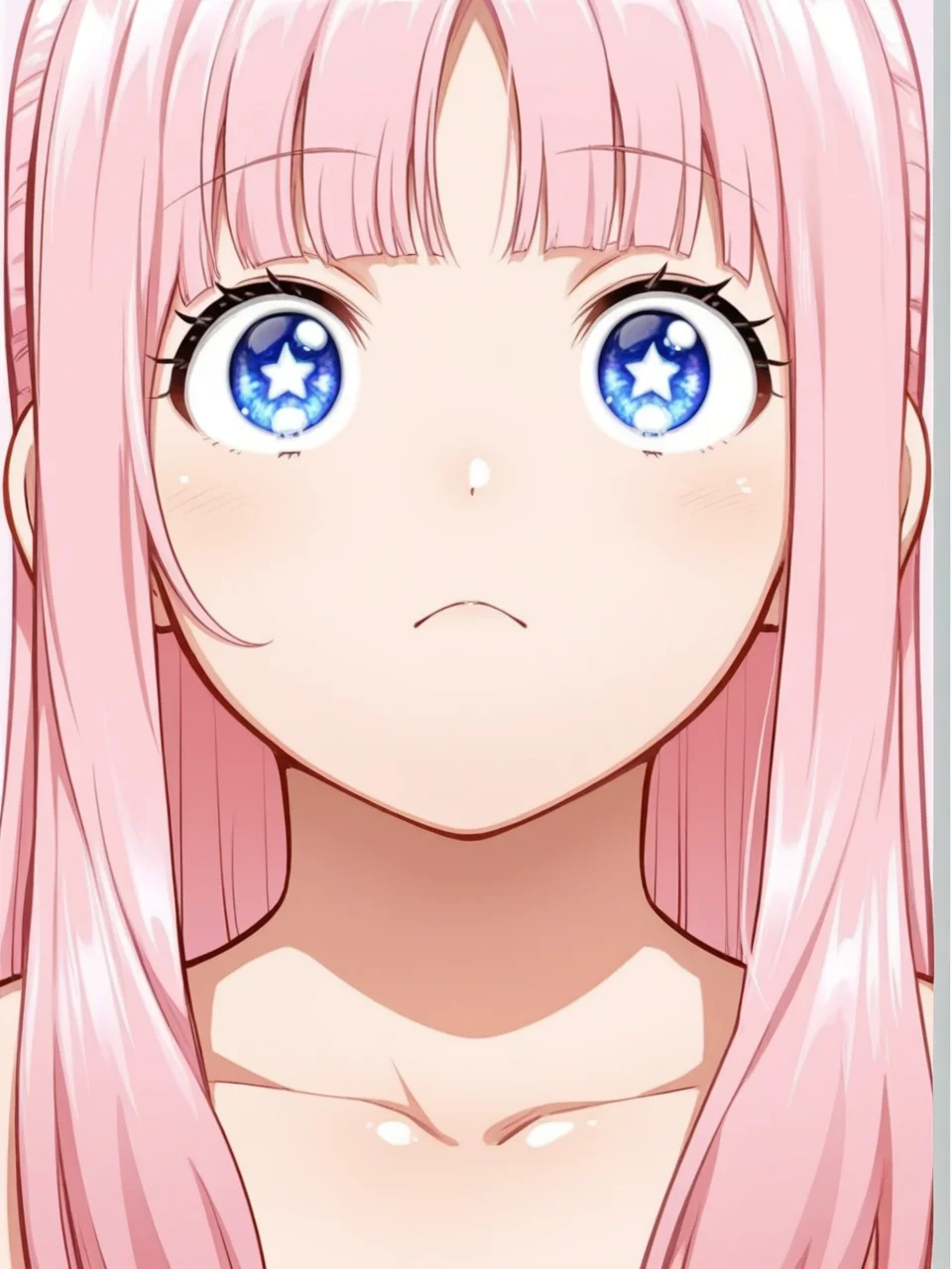 shiny skin, oily skin,megami magazine, simple backgrounds, <lora:issyousenkin_hongou_hina:1> issyousenkin_hongou_hina, 1girl, long hair, blunt bangs, sidelocks, star shaped pupils,pink hair,
