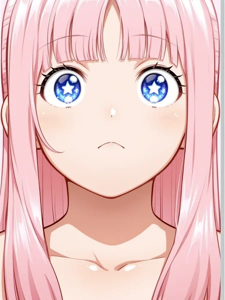 shiny skin, oily skin,megami magazine,  simple backgrounds,   <lora:issyousenkin_hongou_hina:1> issyousenkin_hongou_hina, 1girl, long hair, blunt bangs, sidelocks, star shaped pupils,pink hair,