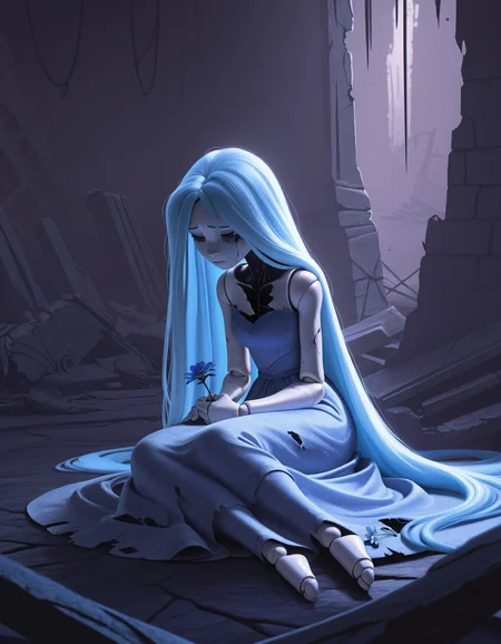 <lora:DisneyStudios_style-12IL:1>, DisneyStudioXL, cartoon, cinematic, 1girl, doll joints, very long hair, dress, torn clothes, sitting, sad, holding flower, darkness, ruins, cracked skin, backlighting, hand rest