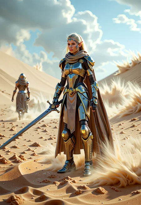 A cinematic scene unfolds in a desert landscape, where a Valenar Elf warrior, a fusion of ancient traditions and high-tech innovations, stands ready for battle. Her clothing, a blend of traditional elven attire and futuristic technology, includes a high-tech cloak and armor, enhancing her agility and protection. The warrior, with her sword drawn, faces the sandstorm, her determined expression capturing the essence of resilience and strength. This high-resolution photograph, with its dynamic composition, energetic pose, and hyper-realistic details, utilizes dramatic lighting and shallow depth of field to create a captivating image, leaving viewers enthralled by the warrior's beauty, power, and the mysteries of the desert's harsh environment. <lora:flux/Sinfully_Stylish_.02_for_FLUX-000002.safetensors:1.0>, <lora:flux/perfection style v2d.safetensors:1.0>, perfection style, <lora:flux/ARTifacts>,