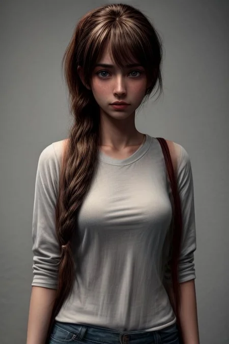 A masterpiece, the best quality:1.3)
ElliTLU, 1 girl, One, Long hair, chest, blue eyes, brown hair, shirt, long arms, closed mouth, green eyes, Upper body, ponytail, bag, lips, looking away, Traditional media, backpack, freckles, realistic, nose, Layered sleeves, short over long arms, holding hands