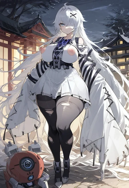 Score_9, Score_8_up, detailed background, night, pov, japanese shrine, Expressiveh, Character,  Robot Girl, XXI, grey eyes, white hair, long hair, 21. clothes, bandaged head, torn pantyhose, XXI drone and mecha, shortstack, toned, large breasts, puffy nipples, thick thighs wide hips, wide shot showing female, full body shot, looking at viewer, lustful