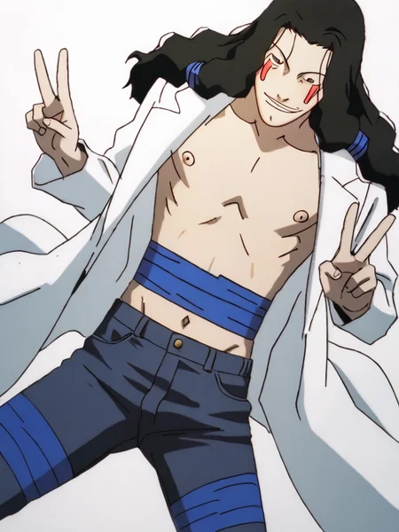 score_9, source_anime, rating_explicit, masterpiece, best quality, BREAK, white background, 1boy, <lora:Masami Eiri_PDXLv0:0.8> masami eiri \(sel\), labcoat, jeans, v,