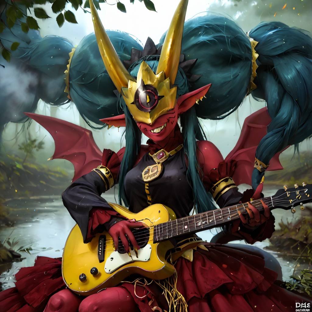 score_9, score_8_up, score_7_up,rating_safe,1girl,solo,medusamon,single eye,shirt,dress,detached sleeves,low wings,solo, playing instrument,  sitting , one outstretched leg, musical note, doyagao, proud, happy, smug, ^ ^,  v-shaped eyebrows, = =, closed eyes, portrait , <lora:MedusamonPony:1>  in a swamp, fog, green mist ,  ,photo,DLSR,HDR, zPDXLrl