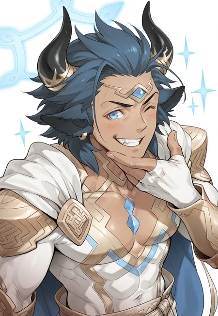 masterpiece, best quality, newest, extreme detail description, amazing quality, 1boy solo, 4skr_fe, blue hair, blue eyes, cown ears, horns, dark-skinned male, blue halo, jewelry, gauntlets, fingerless gloves, blue cape, two-sided cape, white bodysuit, gold trim, winking, toothy grin, sparkles, close-up:1.2, white background, from above, looking at viewer