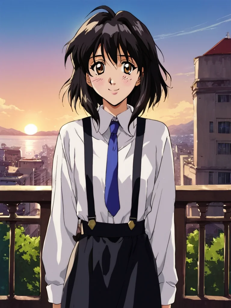 score_9, score_8_up, score_7_up, score_6_up, masterpiece, perfect face, perfect hands, high quality, source_cartoon, (1girl, solo,) balcony, sunset, <lora:Melfina_-_Outlaw_Star:1> melfina, black hair, brown eyes, medium hair, retro artstyle, 1990s (style), white long sleeve shirt, necktie, black skirt, suspenders, shy smile