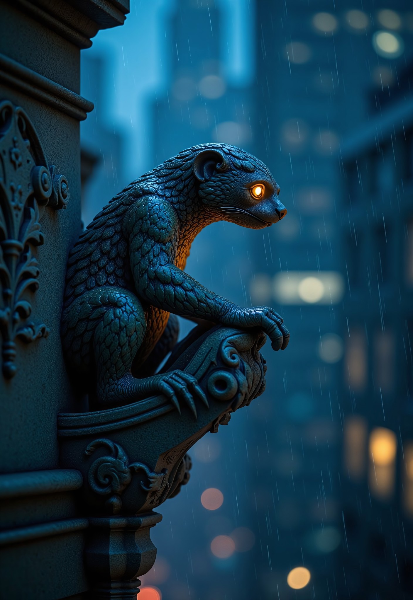 aidmaimageupgrader, a high quality digital image of an intricately detailed marble gargoyle in the shape of a sloth perched on the balustrade of a large skyscraper, it's midnight and pouring with rain, the gargoyle is illuminated by a flash of lightning, they glow at night