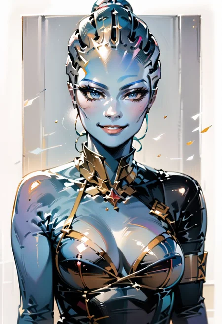 score_9, score_8_up, score_7_up, score_6_up, score_5_up, score_4_up, <lora:mestyle-asari-230810-2-d128-a32:0.8>, An asari with (light blue skin:1.4), in a blue and white formal dress, gold accents, open front, beautiful blue eyes, looking at viewer, smirk, <lora:Anime Summer Days Style SDXL_LoRA_Pony Diffusion V6 XL:0.7>,  <lora:add-detail-xl:1>