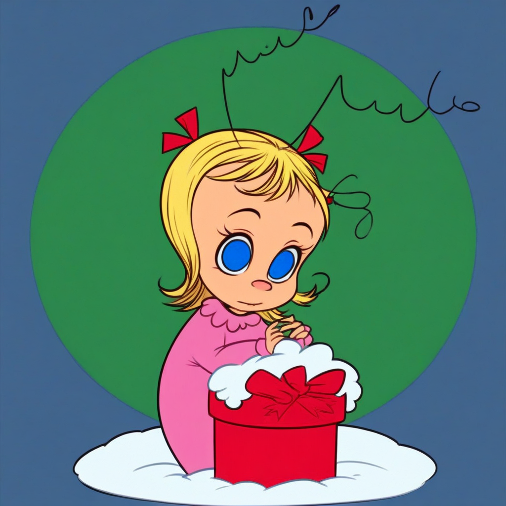 score_9, solo, cindy_lw, blonde hair, blue eyes, antennae, hair ribbon, adorable, Christmas ornament