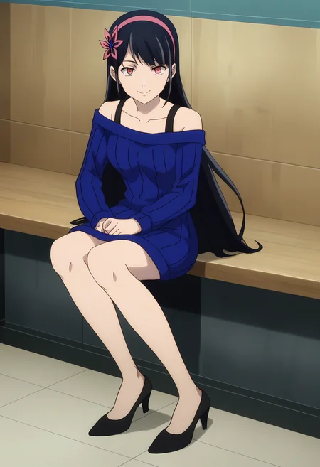 score_9, score_8_up, score_7_up, source_anime, rating_explict,
BREAK
1girl, solo, anime screencap, anime coloring,
<lora:shiYeonFinalV1:1>, yeonblu, long hair, black hair, red eyes, hair ornament, hairband, hair flower,
off shoulder, blue sweater, sweater dress, black bra,
black footwear, high heels,
looking at viewer, smile,