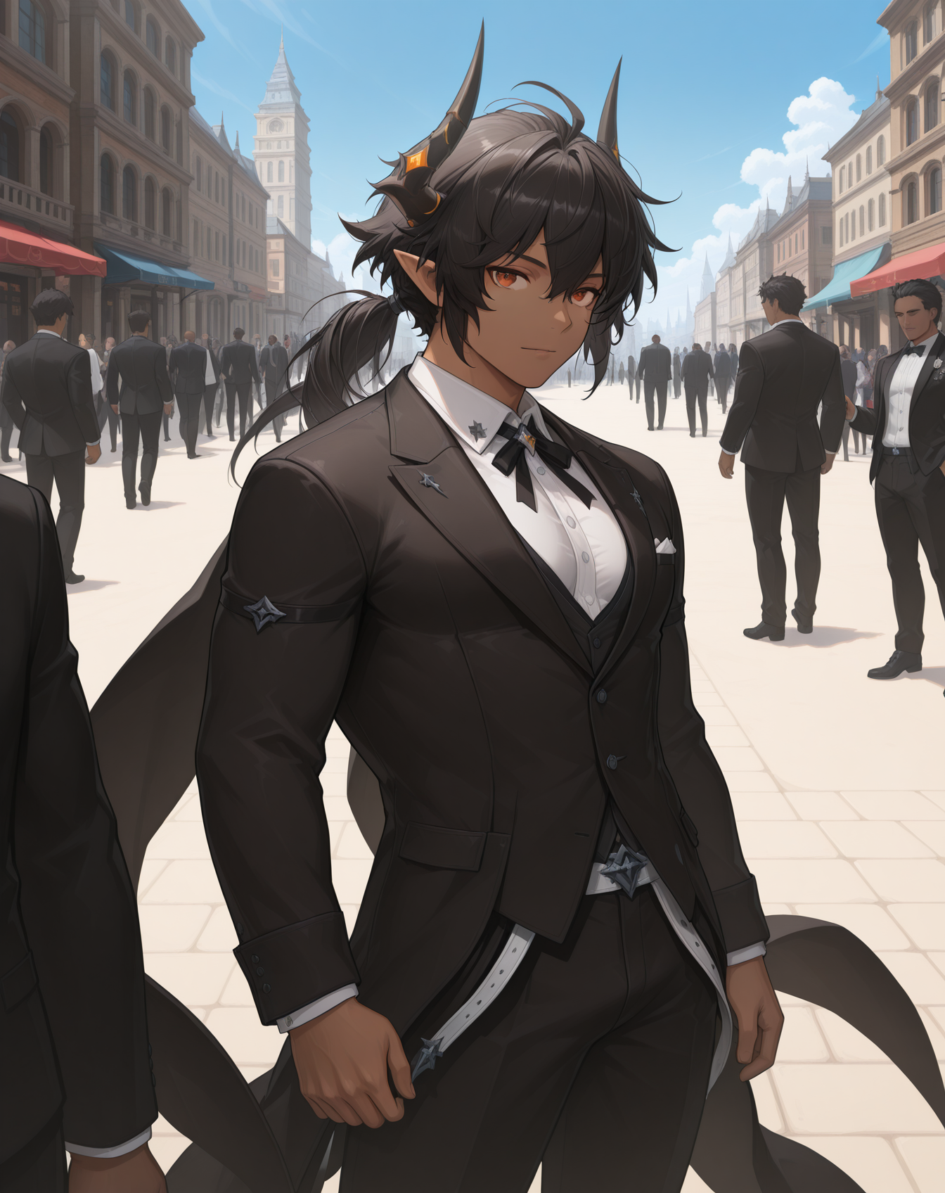 masterpiece,best quality,amazing quality, newest, very aesthetic, absurdres,
1boy, solo, yaoi, male focus, looking at viewer, cowboy shot, standing,
<lora:Sol_Limit_Break:1> lbsol, dark skin, horns, dark-skinned male, pointy ears, black hair, orange eyes, muscular male, hair between eyes, ponytail,
formal, tuxedo, neck ribbon, white shirt, collared shirt, black pants, shoes, black footwear, suit jacket, black jacket,
outdoors, day, blue sky, building, people,
