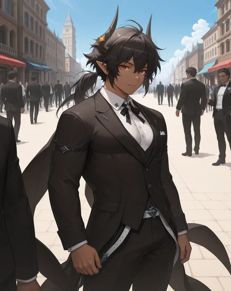 masterpiece,best quality,amazing quality, newest, very aesthetic, absurdres,
1boy, solo, yaoi, male focus, looking at viewer, cowboy shot, standing,
<lora:Sol_Limit_Break:1> lbsol, dark skin, horns, dark-skinned male, pointy ears, black hair, orange eyes, muscular male, hair between eyes, ponytail,
formal, tuxedo, neck ribbon, white shirt, collared shirt, black pants, shoes, black footwear, suit jacket, black jacket,
outdoors, day, blue sky, building, people,