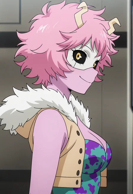 absurdres, masterpiece, best quality, very aesthetic, 1girl, m1n4, pink skin, colored skin, short hair, pink hair, black sclera, yellow eyes, horns, herooutfit, mask, bodysuit, cropped jacket, sleeveless jacket, fur trim, smile, from side, looking at viewer, anime screencap, solo, <lora:Mina_Ashido-My_Hero_Academia-ilibibu-IL-v1:0.8>