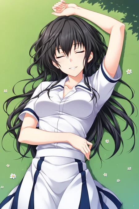 score_9, score_8_up, score_7_up, source_anime, 1girl, prefect lighting, very aesthetic, intricate details, highly detailed background, masterpiece, high quality, prefect hands, best quality, solo,
<lora:Benkei_Majikoi_V2:.85>, KJObenkei, black hair, dark purple eyes, long hair, hair between eyes,
white undershirt, pick shirt open jacket, short sleeves, white skirt,
on grass, on back, one arm up, smile, parted lips, head tilt, closed eyes,
park, sunny, shade, trees, grass,
(Beautiful, medium Breasts:1.2), natural breasts,