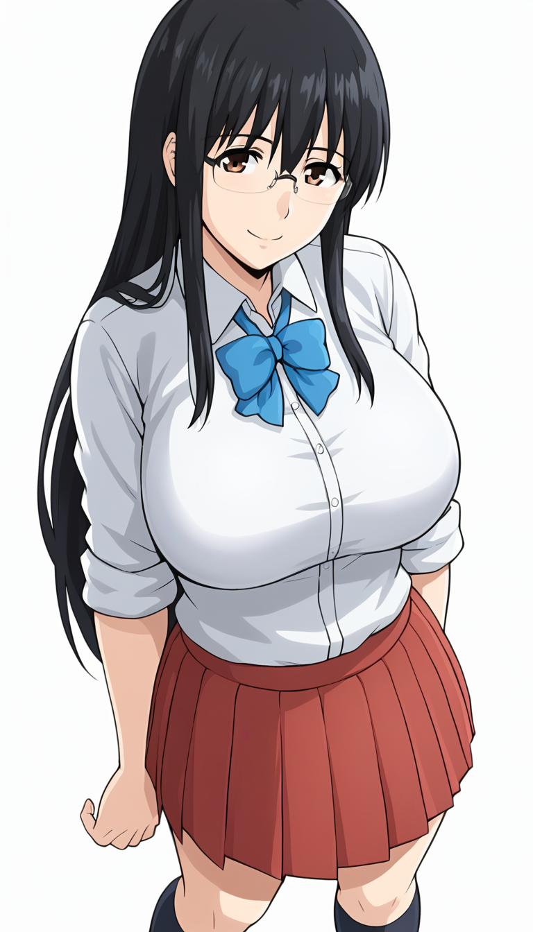 1girl, solo, PFTAsadaS, black hair, glasses, rimless eyewear, brown eyes, long hair,  school uniform, blue bow, sleeves rolled up, blue bowtie, red skirt, white shirt, socks, kneehighs, large breasts, closed mouth, standing, cowboy shot, smile, facing viewer, looking at viewer, <lora:Shouko Asada - Panty Flash Teacher-000019:0.8>, white background, simple background
