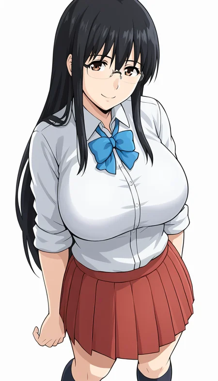 1girl, solo, PFTAsadaS, black hair, glasses, rimless eyewear, brown eyes, long hair,  school uniform, blue bow, sleeves rolled up, blue bowtie, red skirt, white shirt, socks, kneehighs, large breasts, closed mouth, standing, cowboy shot, smile, facing viewer, looking at viewer, <lora:Shouko Asada - Panty Flash Teacher-000019:0.8>, white background, simple background