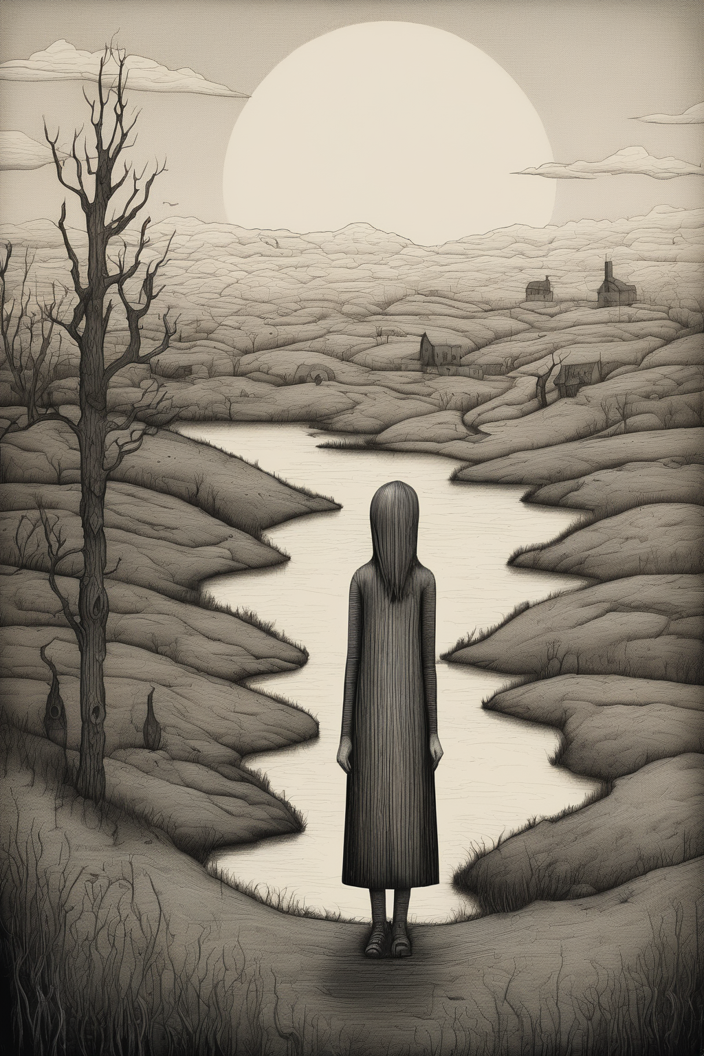 John Kenn Mortensen Style - Minimalistic Pencil drawing of a bizarre woman in a landscape, woodcut, modern, contemporary illustration. In Ragnar persson style.