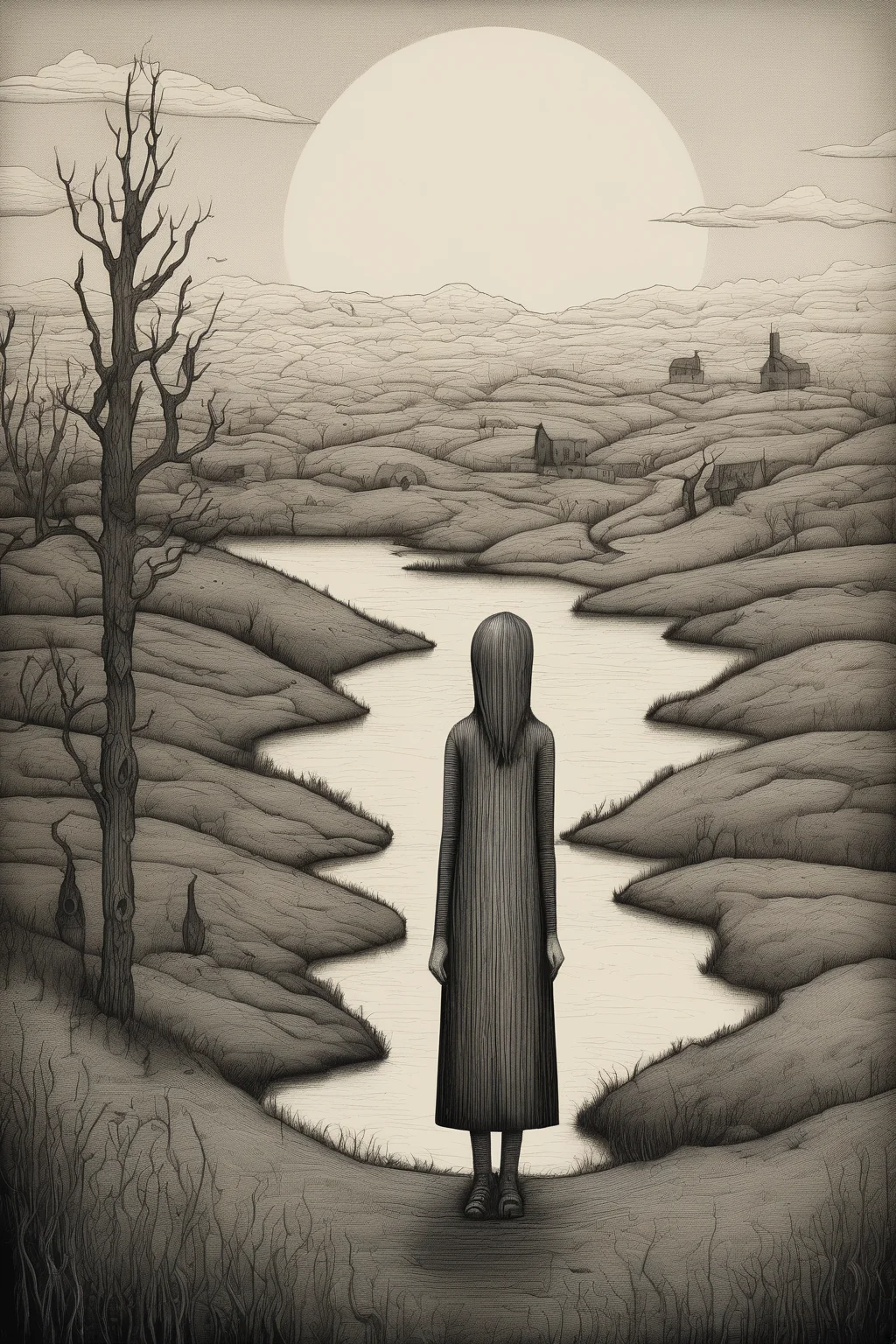 John Kenn Mortensen Style - Minimalistic Pencil drawing of a bizarre woman in a landscape, woodcut, modern, contemporary illustration. In Ragnar persson style.