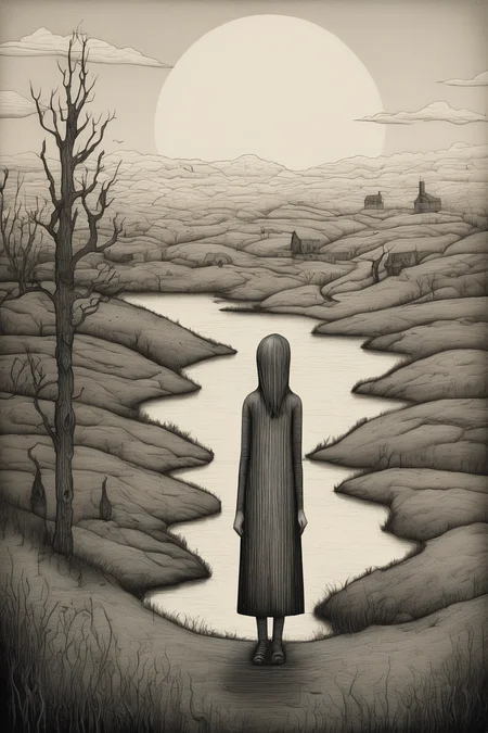 John Kenn Mortensen Style - Minimalistic Pencil drawing of a bizarre woman in a landscape, woodcut, modern, contemporary illustration. In Ragnar persson style.