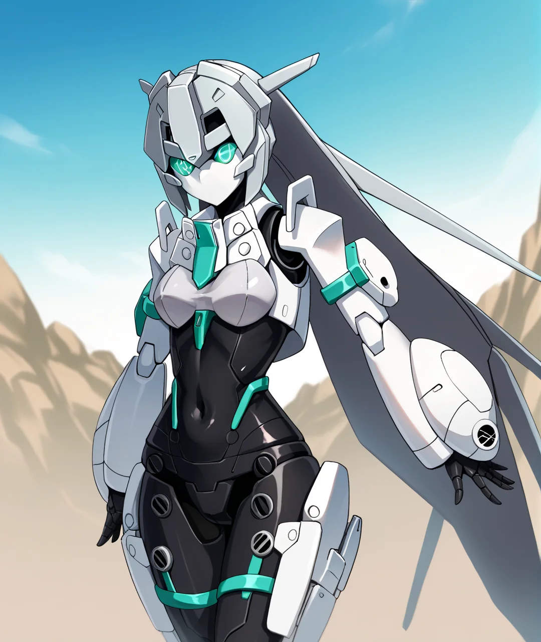 score_9, score_8_up, score_7_up, score_6_up, score_5_up, score_4_up, BREAK source_anime,
<lora:May_PONY:1>,mobile doll may, solo, robot, mecha, no humans,grey hair,glowing eyes,aqua eyes, long hair,covered navel, joints, android,