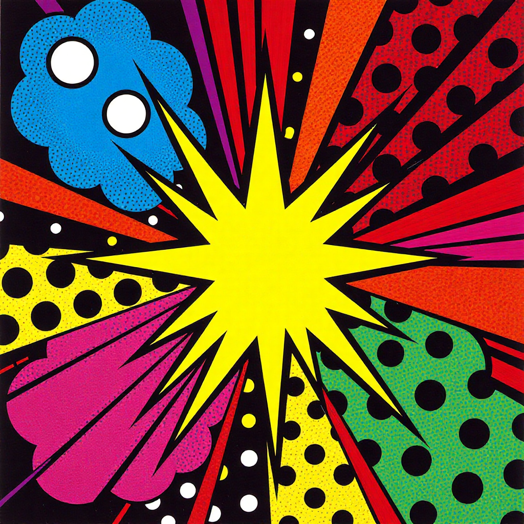p0p_r0y, roy lichtenstein art, This image is a vibrant, colorful drawing in a pop art style, reminiscent of comic book artwork. The central focus is a bright yellow starburst shape, resembling a burst of light or energy, with its rays radiating outward. Surrounding the starburst are numerous colorful, abstract shapes in various sizes and orientations. These shapes are filled with bold, contrasting colors and patterns.
The top left quadrant features a large, bright blue shape with white polka dots, while the top right quadrant contains a red shape with black polka dots. The bottom left quadrant has a pink shape with black polka dots, and the bottom right quadrant has a green shape with black polka dots. The background of the image is a solid black, emphasizing the bright, vivid colors of the shapes.
Each shape is outlined in thick, black lines, giving a comic book or pop art feel. The texture of the image is smooth, with a flat finish typical of digital art. The overall style is playful and energetic, with a strong emphasis on bright, contrasting colors and bold, geometric shapes. The image is visually striking and engaging, typical of pop art and comic book art styles.