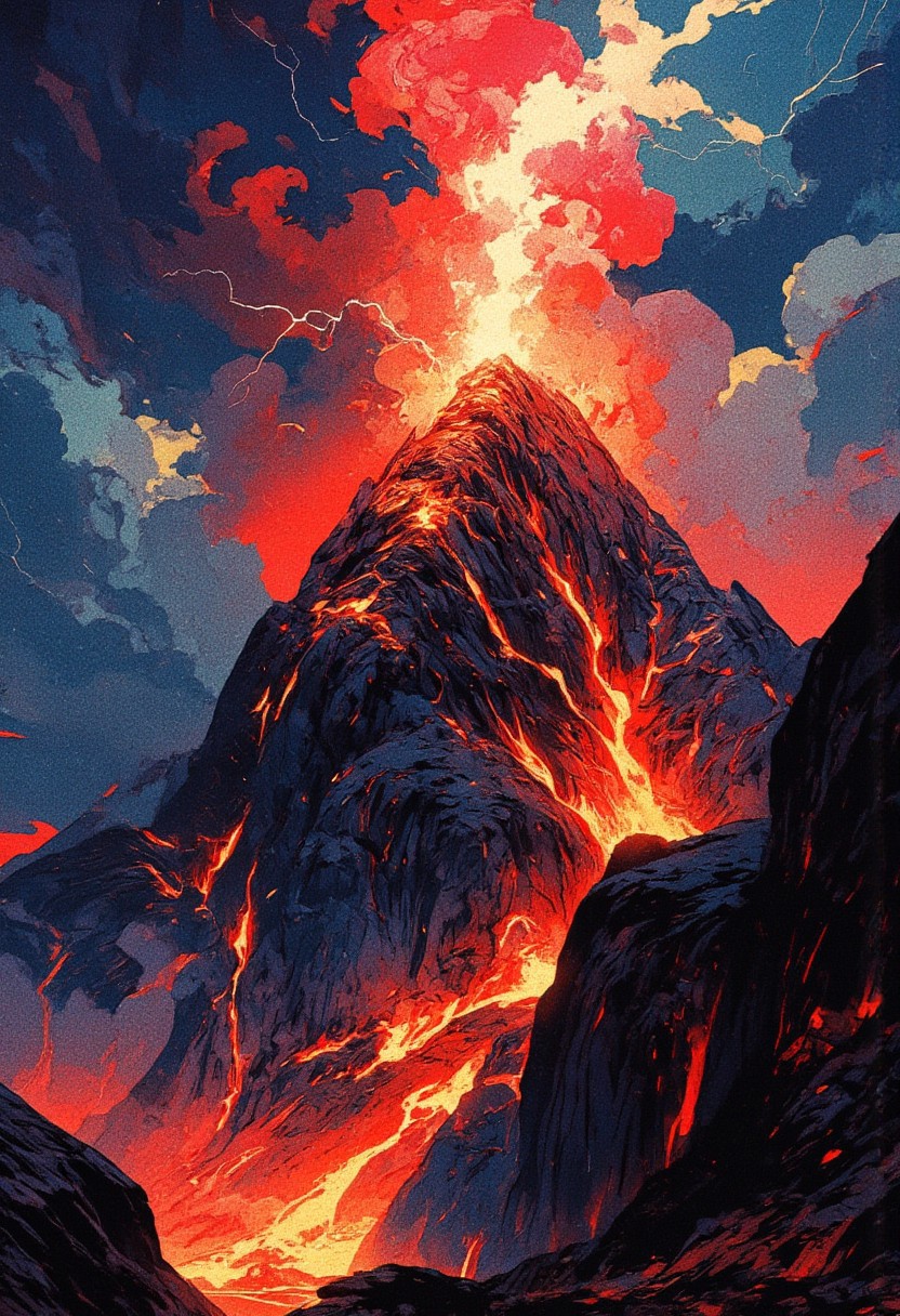 A towering volcanic mountain erupts with molten lava, its peak glowing red-hot against a dark and stormy sky. A jagged bolt of lightning, crackling with energy, strikes the summit, illuminating the fiery explosion. Swirling clouds of smoke and ash blend with the fiery reds, oranges, and deep blues, creating a dramatic contrast. The rugged terrain is shrouded in darkness, with hints of glowing embers scattered throughout. The atmosphere is intense and cinematic, evoking a sense of power and destruction. Highly detailed, fantasy landscape, dynamic lighting, atmospheric depth, concept art style.
,  anime, cyberpunk