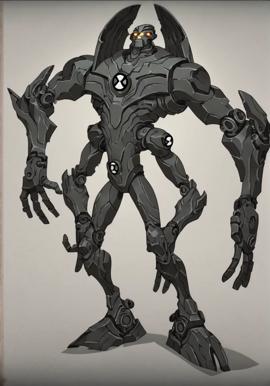 score_9, score_8_up, score_7_up, screencap, <lora:ben10-09:1> ben10, solo, no humans, full body, bodysuit, badge,detailed background, robot, multiple arms, fire head