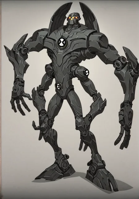 score_9, score_8_up, score_7_up, screencap, <lora:ben10-09:1> ben10, solo, no humans, full body, bodysuit, badge,detailed background, robot, multiple arms, fire head