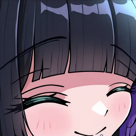 masterpiece, best quality, newest, absurdres, highres, close-up, smile, closed mouth, portrait, <lora:StareMeme_illusXLNoobAI_Incrs_v1-000008:1>, <lora:bocchi_pa-san_illustriousXL:1> p4s4n, lip piercing, colored inner hair, black hair, purple hair, hime cut, closed eyes,