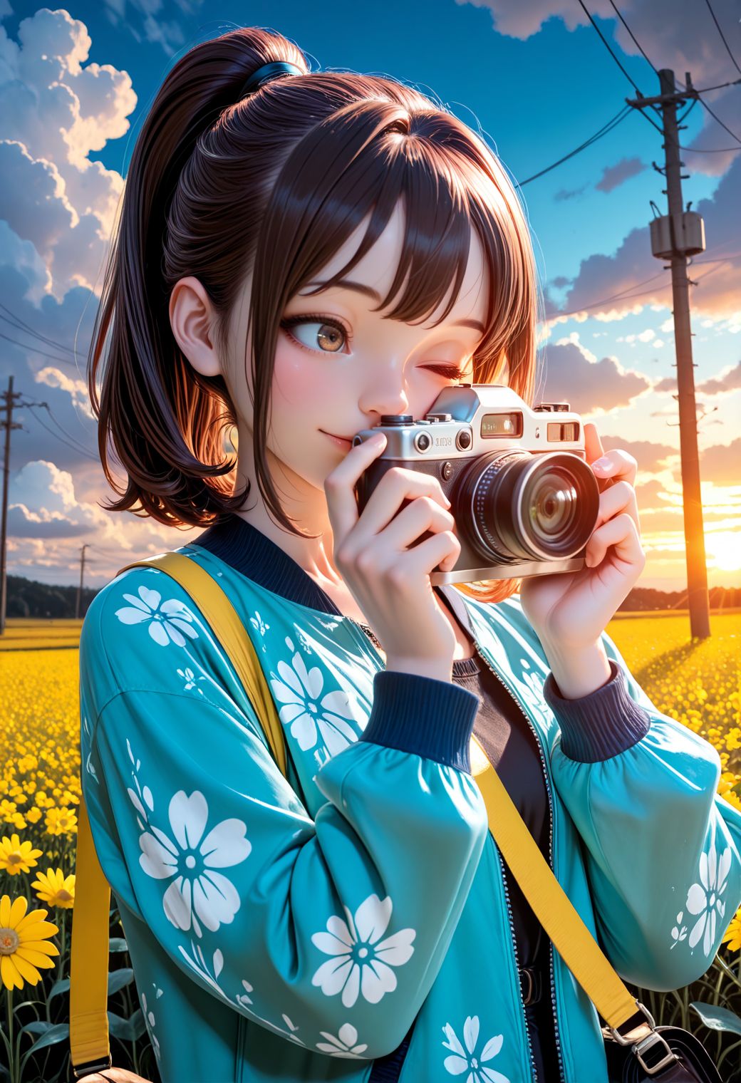 SmoothNoob_Quality, (tomiokasena:1.3), 1girl, solo, ponytail, brown hair, long sleeves, holding, jacket, upper body, flower, outdoors, sky, medium hair, cloud, bag, blue sky, hands up, floral print, blue jacket, white flower, cloudy sky, facing viewer, one eye closed, pink flower, sunset, yellow flower, shoulder bag, camera, field, strap, power lines, flower field, covering face, utility pole, holding camera, daisy, light smile, <lora:SLE_v2:0.25>​​​ <lora:Smooth_Booster_v3:0.5> <lora:IncaseStyle_NoobAI:0.2> <lora:All_Disney_Princess_-_Illustrious:0.3>
