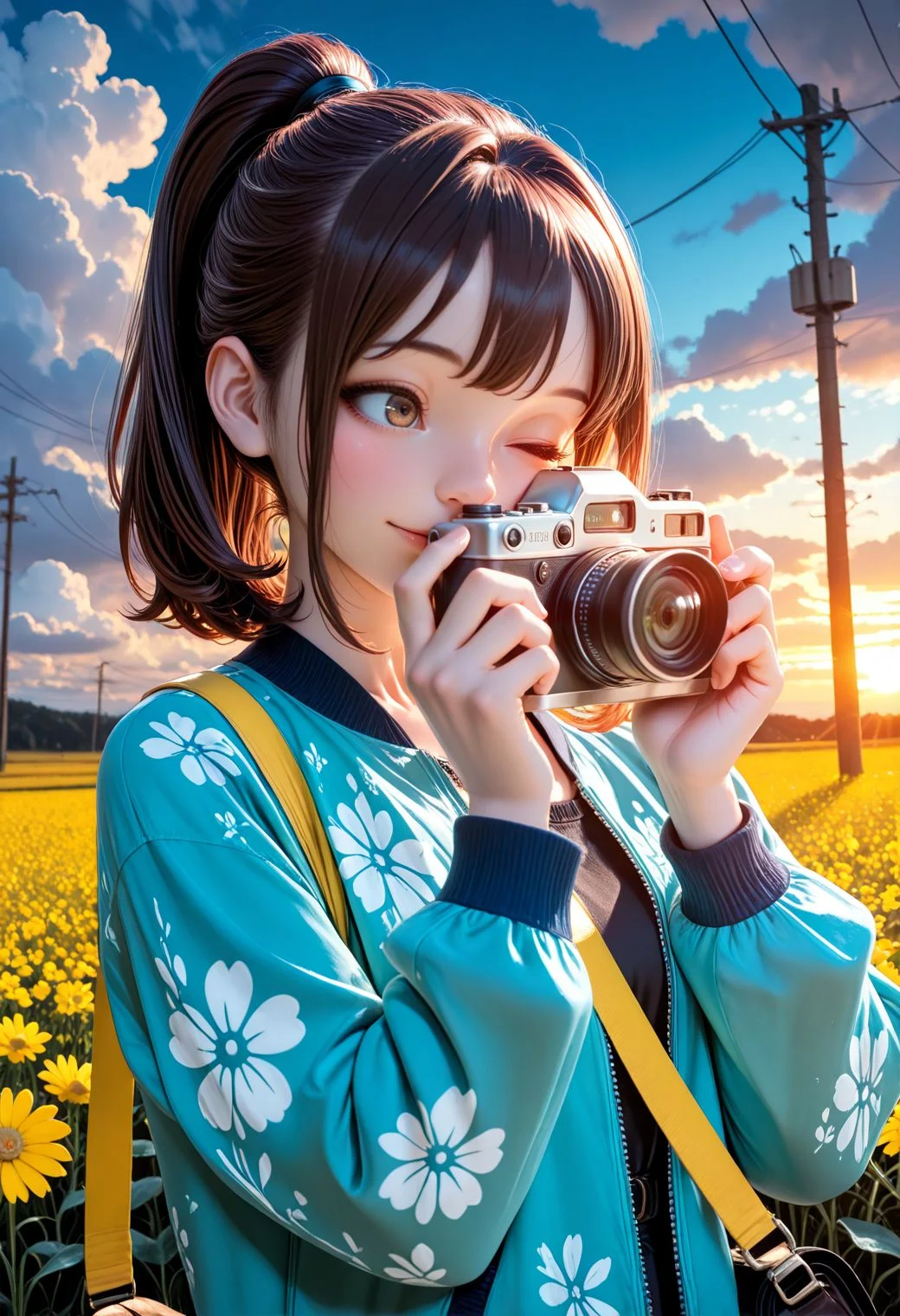 SmoothNoob_Quality, (tomiokasena:1.3), 1girl, solo, ponytail, brown hair, long sleeves, holding, jacket, upper body, flower, outdoors, sky, medium hair, cloud, bag, blue sky, hands up, floral print, blue jacket, white flower, cloudy sky, facing viewer, one eye closed, pink flower, sunset, yellow flower, shoulder bag, camera, field, strap, power lines, flower field, covering face, utility pole, holding camera, daisy, light smile, <lora:SLE_v2:0.25>​​​ <lora:Smooth_Booster_v3:0.5> <lora:IncaseStyle_NoobAI:0.2> <lora:All_Disney_Princess_-_Illustrious:0.3>