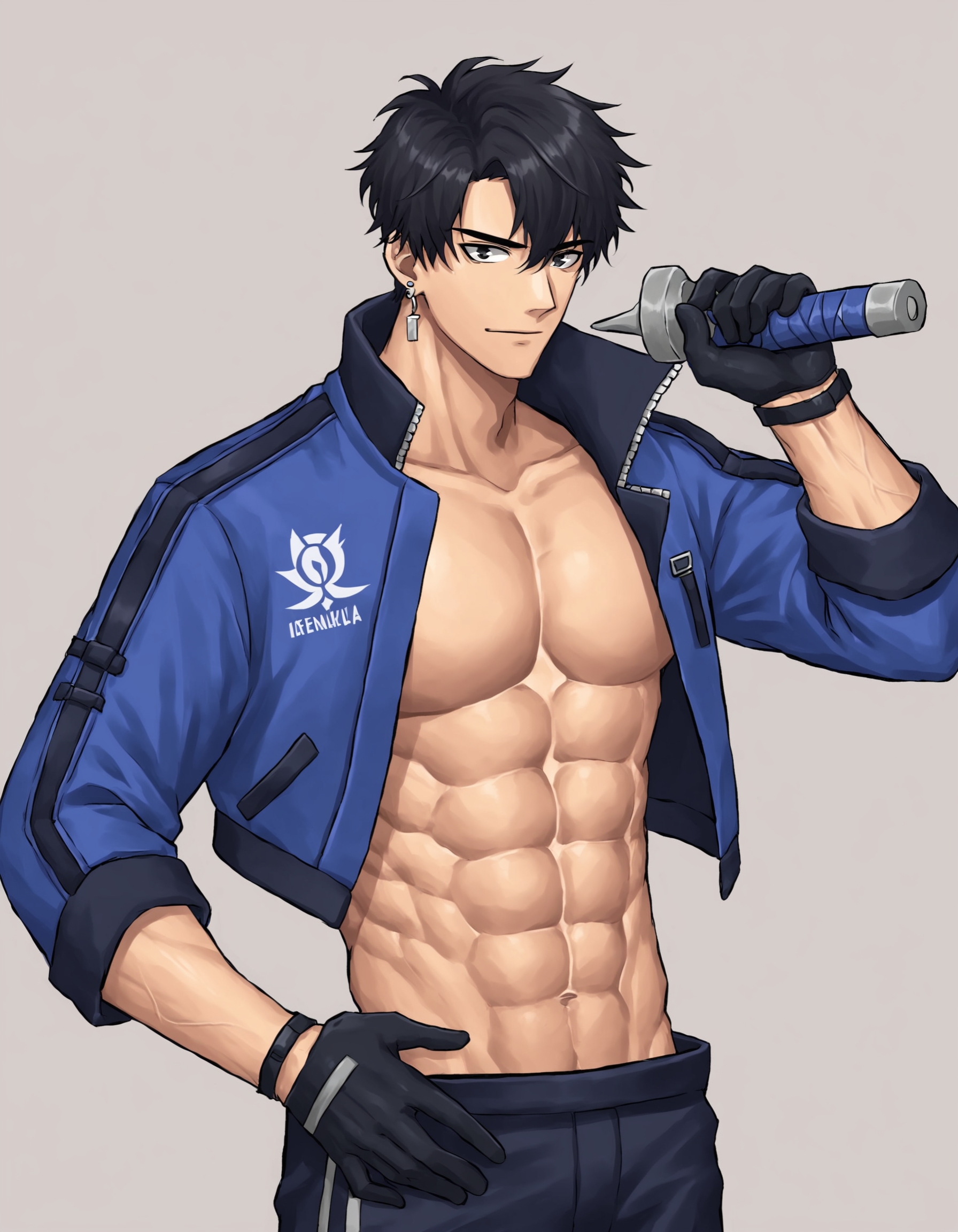 1boy, abs,  black hair, blue jacket, earrings, gloves, holding, male focus, solo, akigrlsneuralxl  <lora:AkiGirlsNeuralPonyXL:0.5>